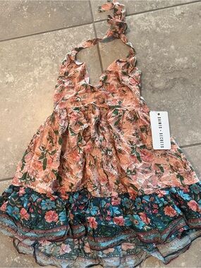 Peach Floral Halter Dress with Teal Contrast Hem